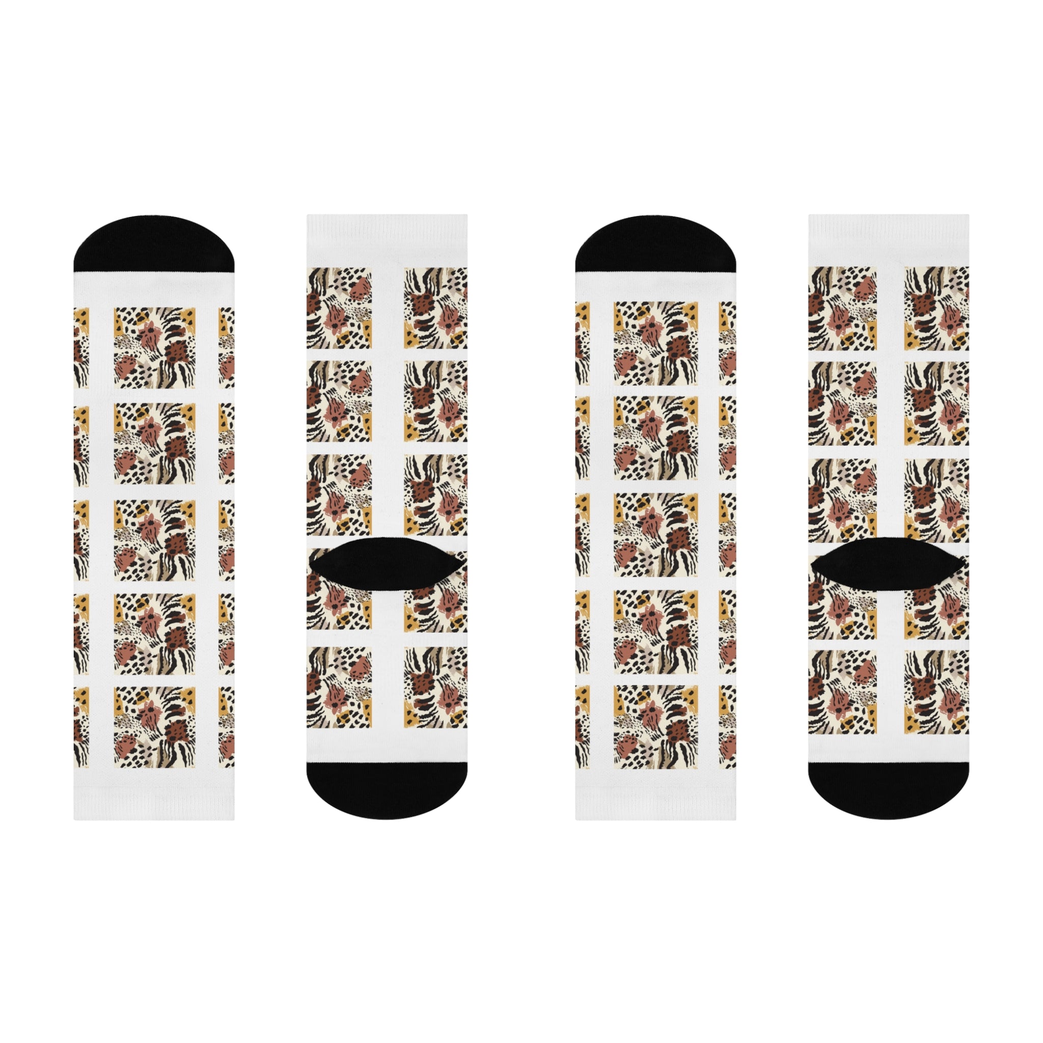 Leopard Tiger Patchwork Crew Socks | Animal Print Athletic Socks