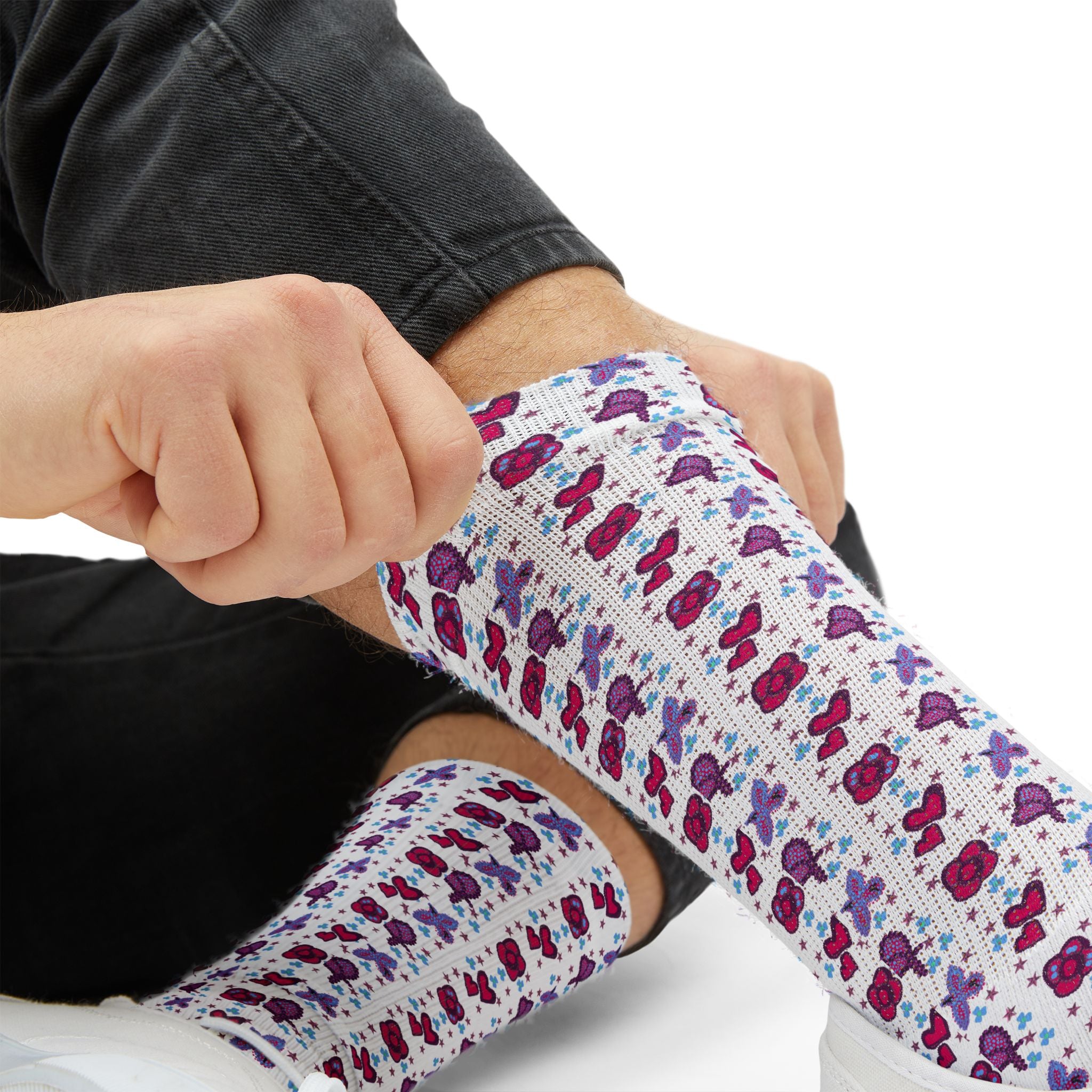 Purple Pink Beaded Flower Hearts Pattern Socks | Sublimation Crew Socks