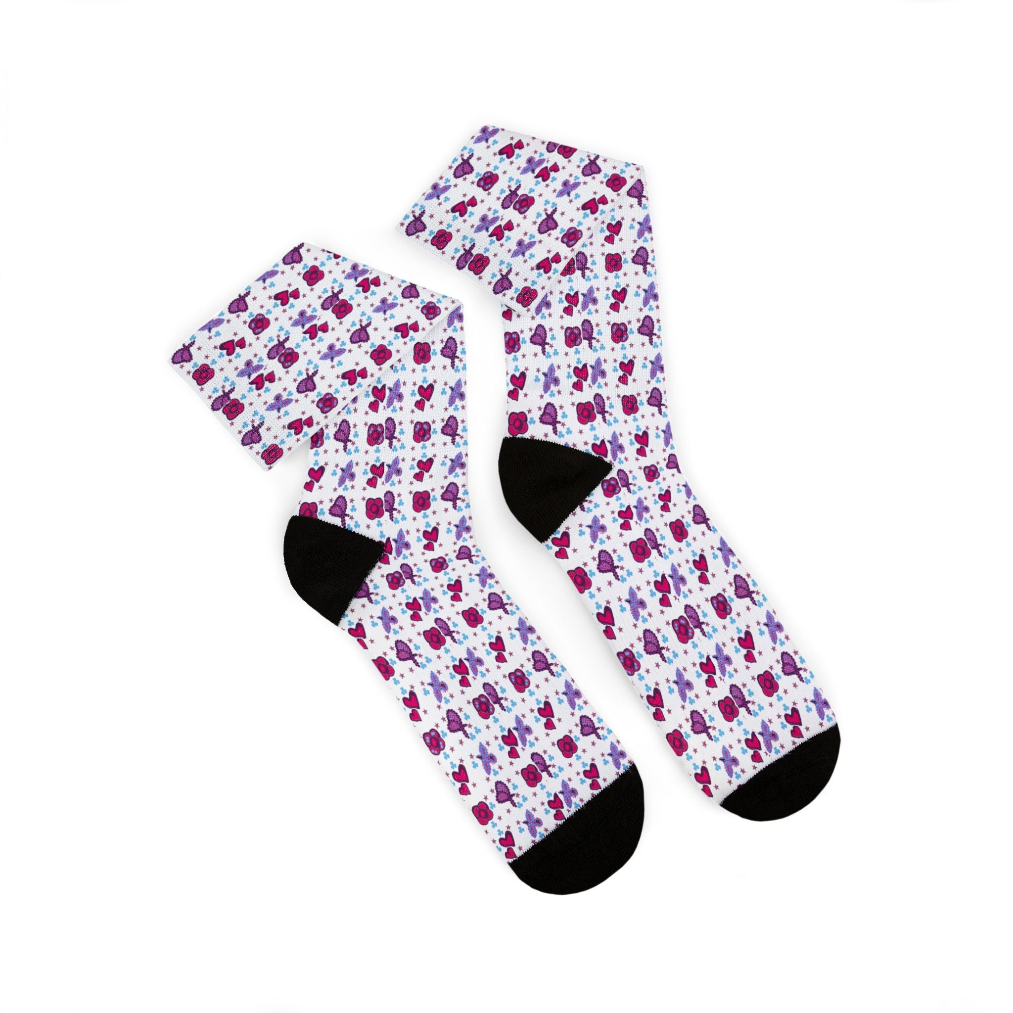 Purple Pink Beaded Flower Hearts Pattern Socks | Sublimation Crew Socks