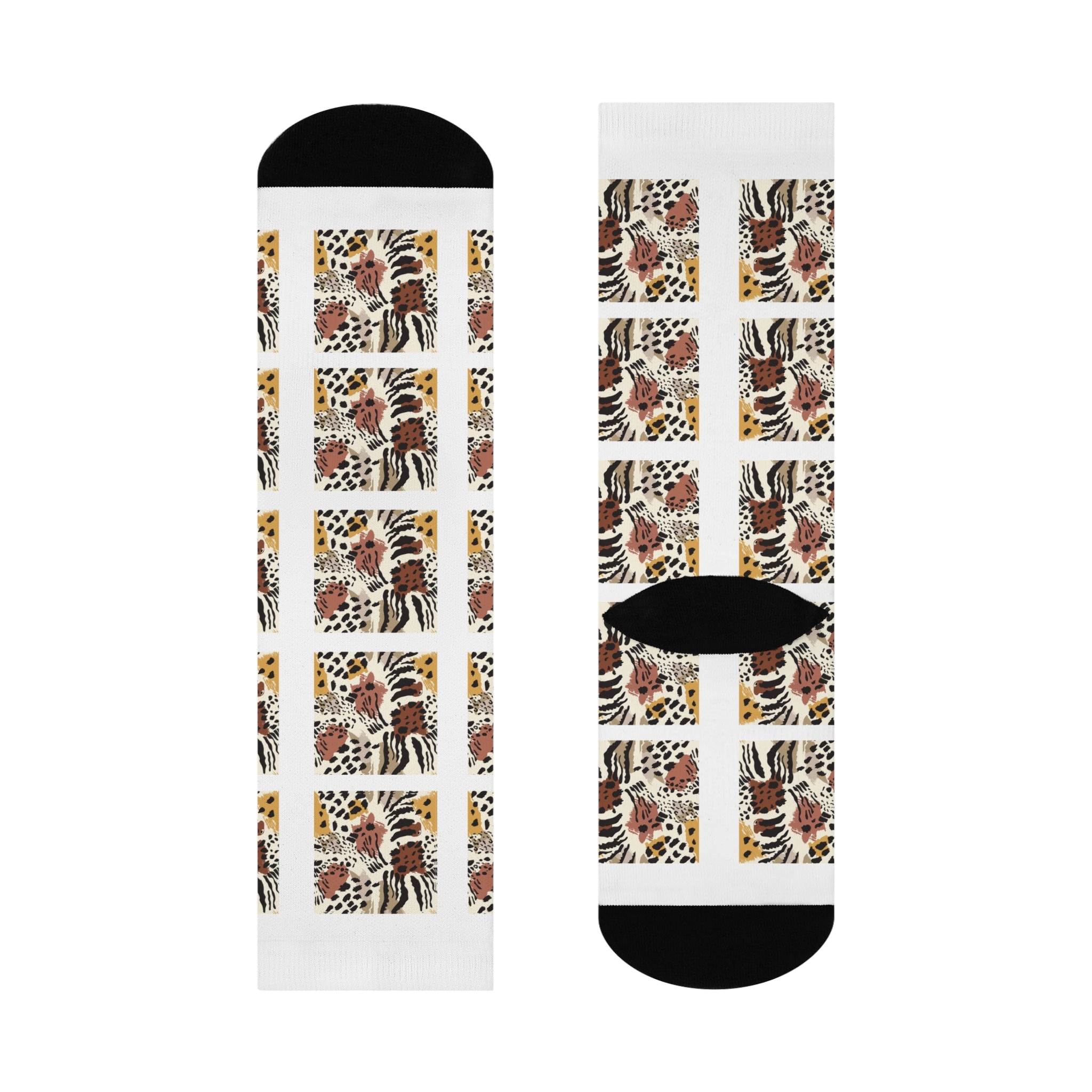 Leopard Tiger Patchwork Crew Socks | Animal Print Athletic Socks