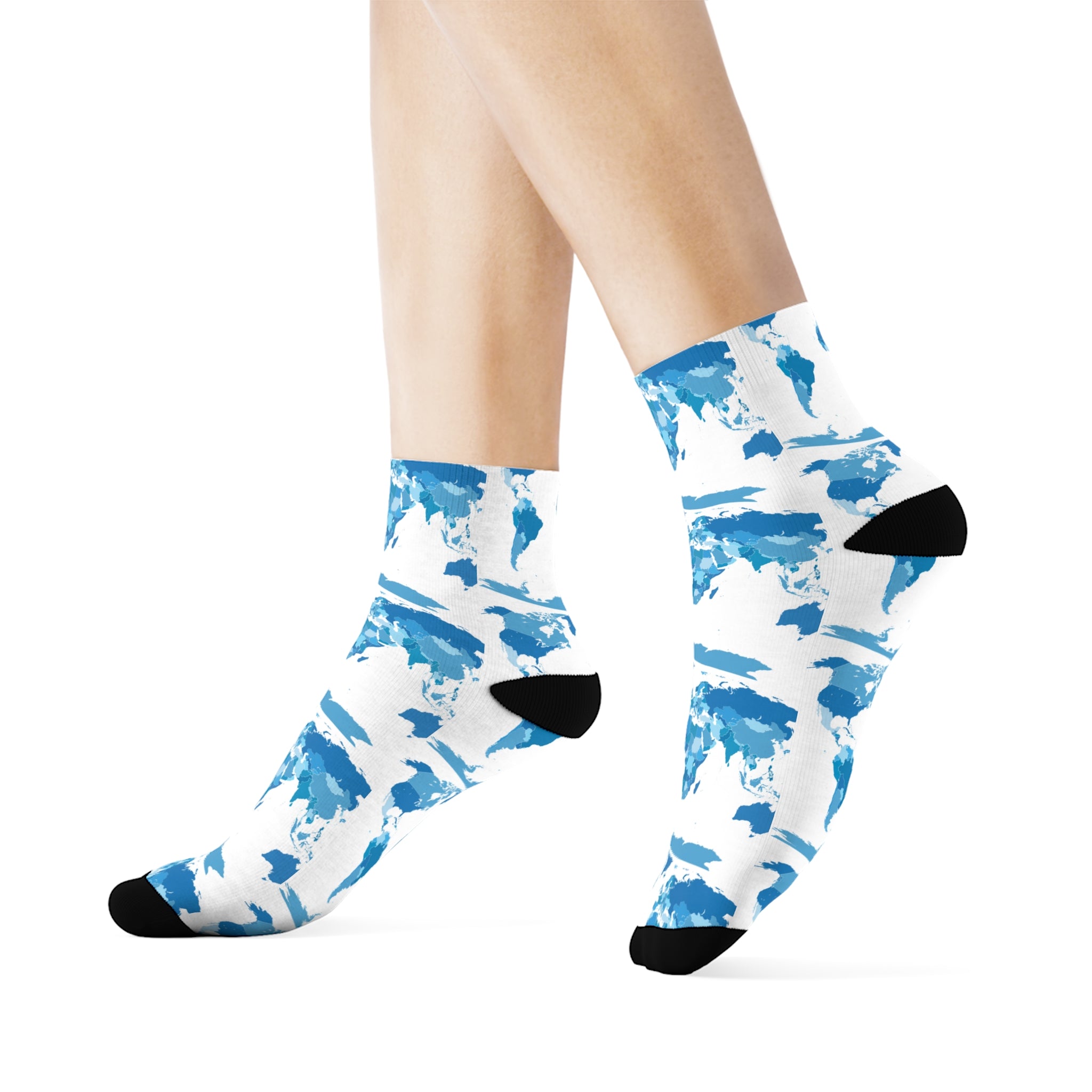 Blue Watercolor World Map Crew Socks | Travel Map Pattern