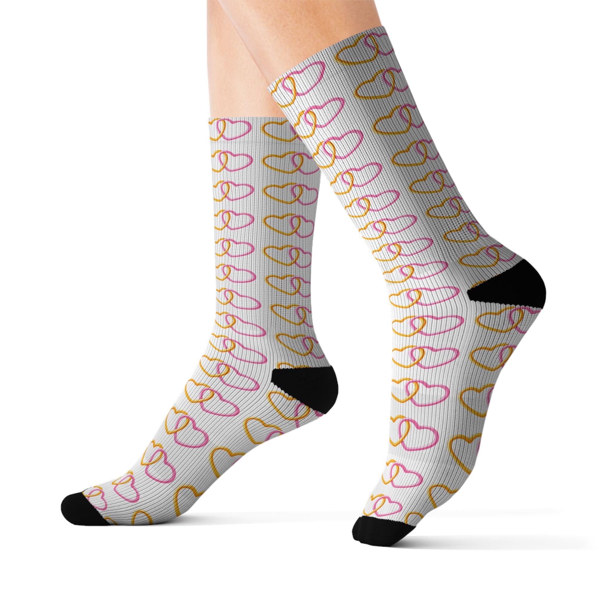 Heart Link Pink & Yellow Pattern Socks | Heart Link Print Crew Socks