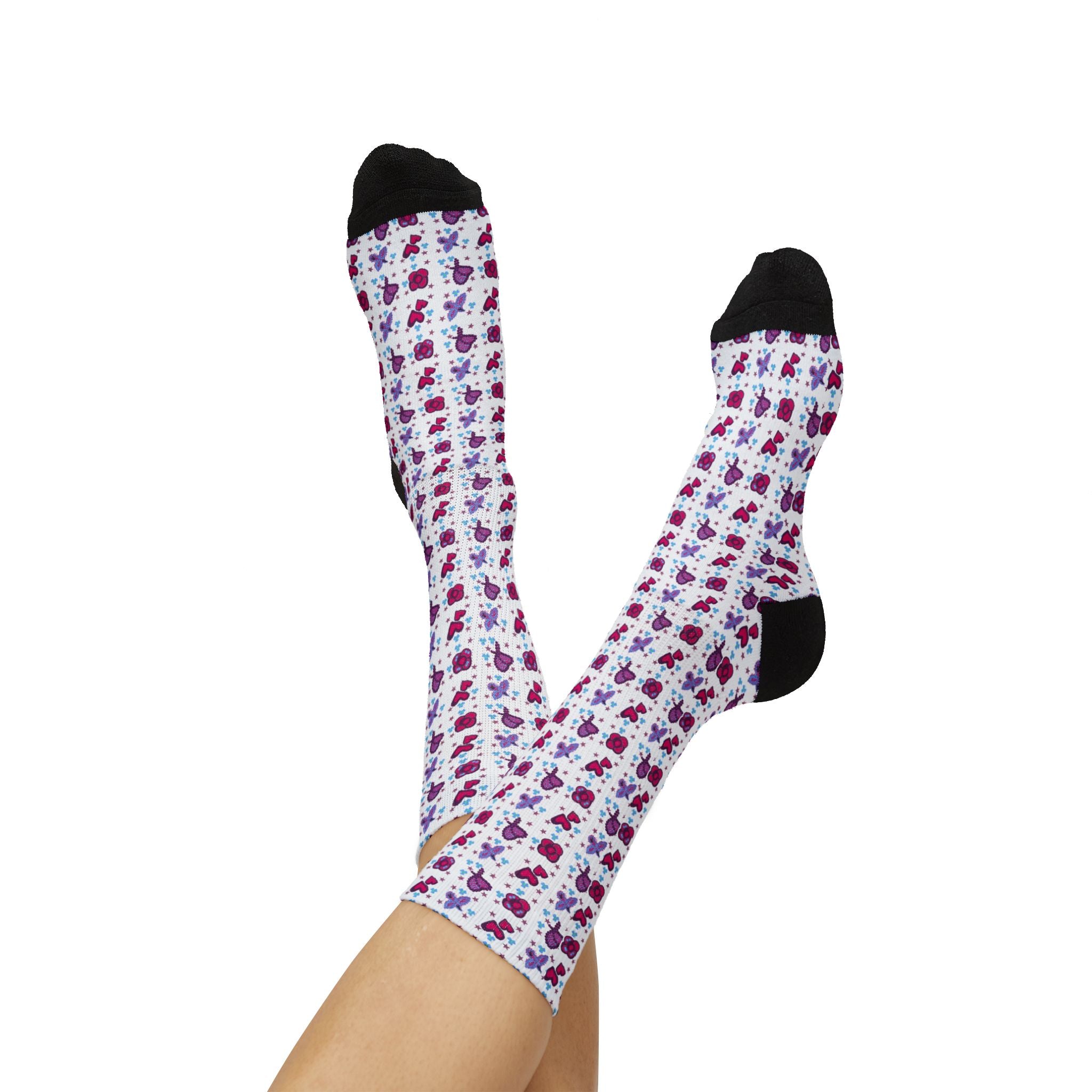 Purple Pink Beaded Flower Hearts Pattern Socks | Sublimation Crew Socks