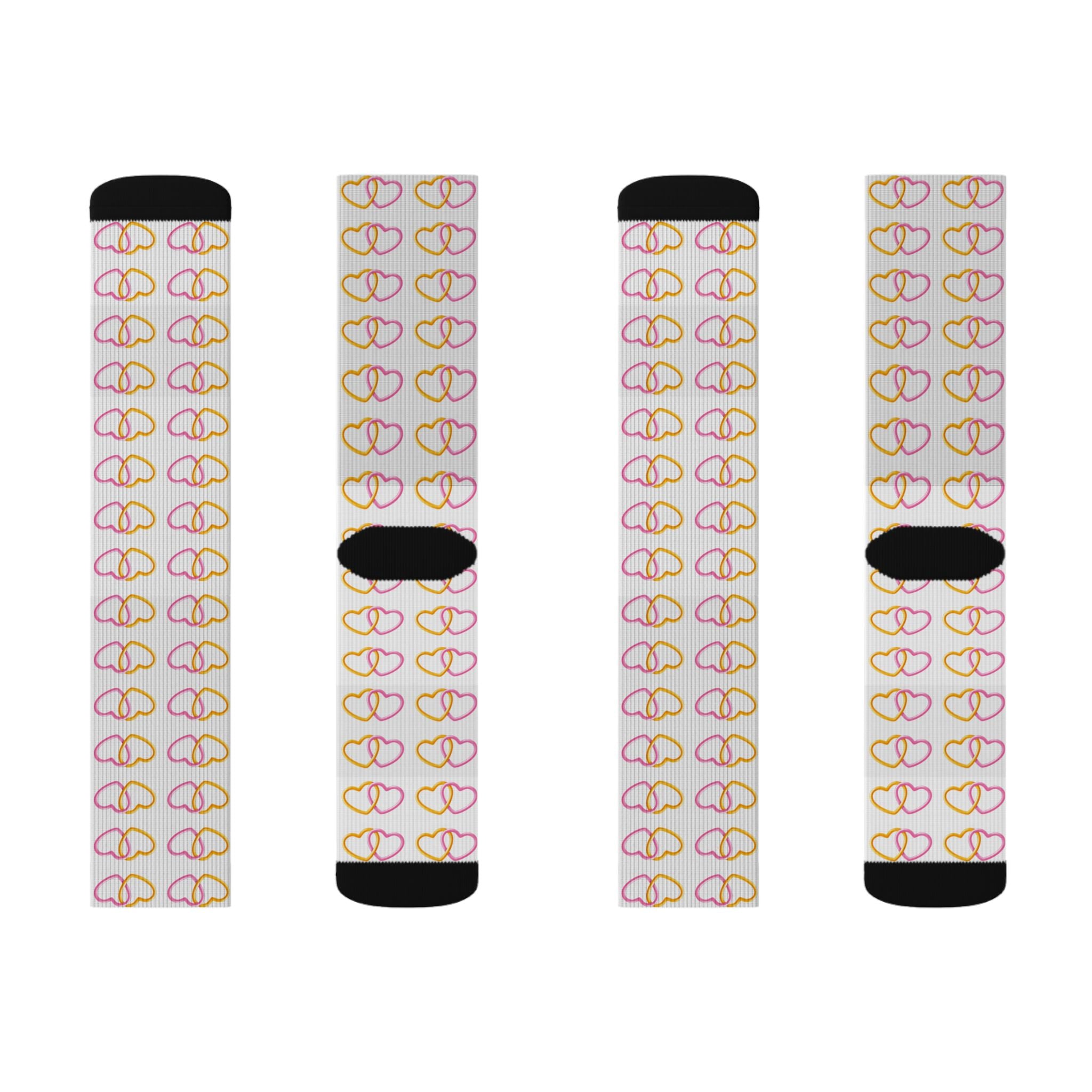 Heart Link Pink & Yellow Pattern Socks | Heart Link Print Crew Socks