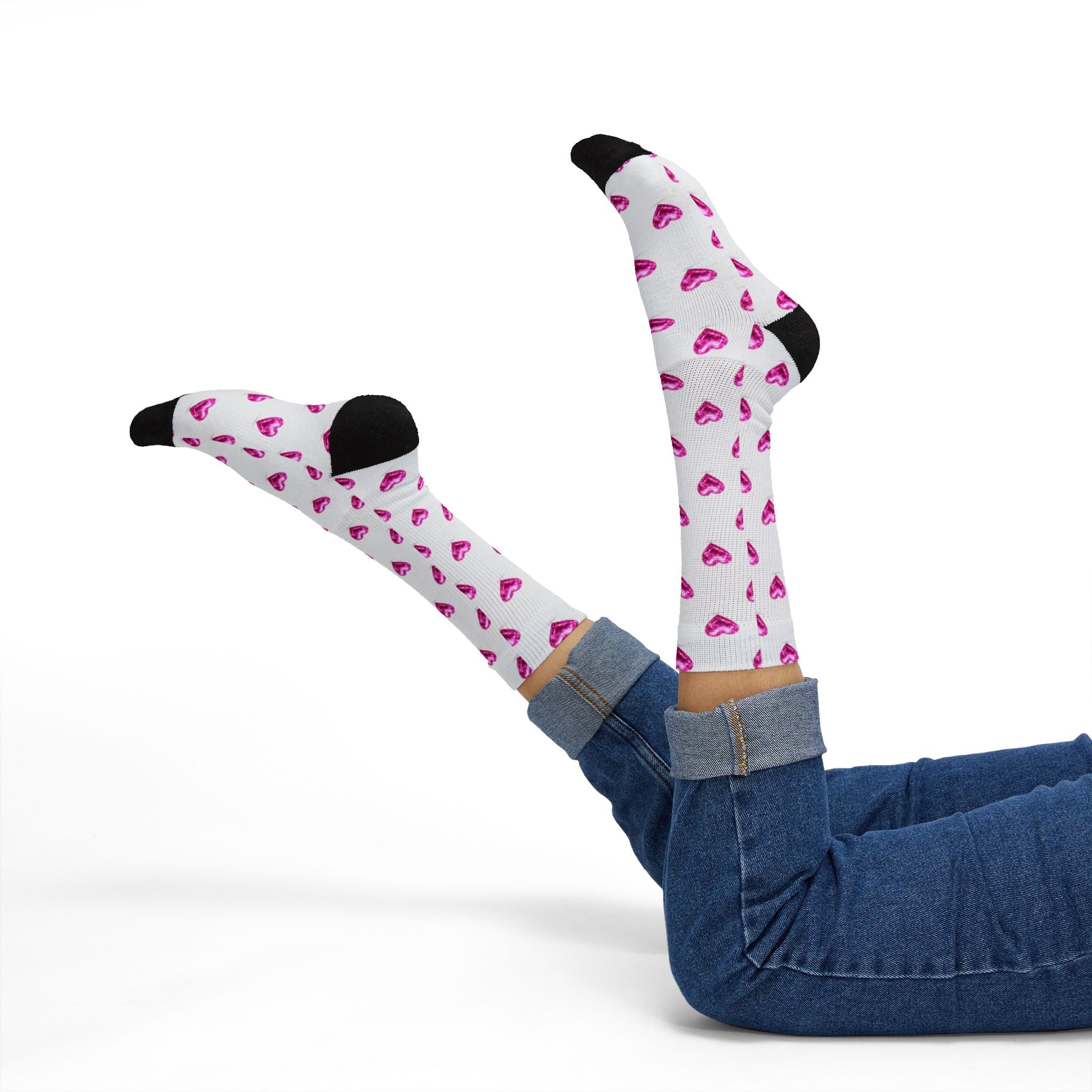 Pink Heart Pattern Socks | Heart Kiss Print Crew Socks