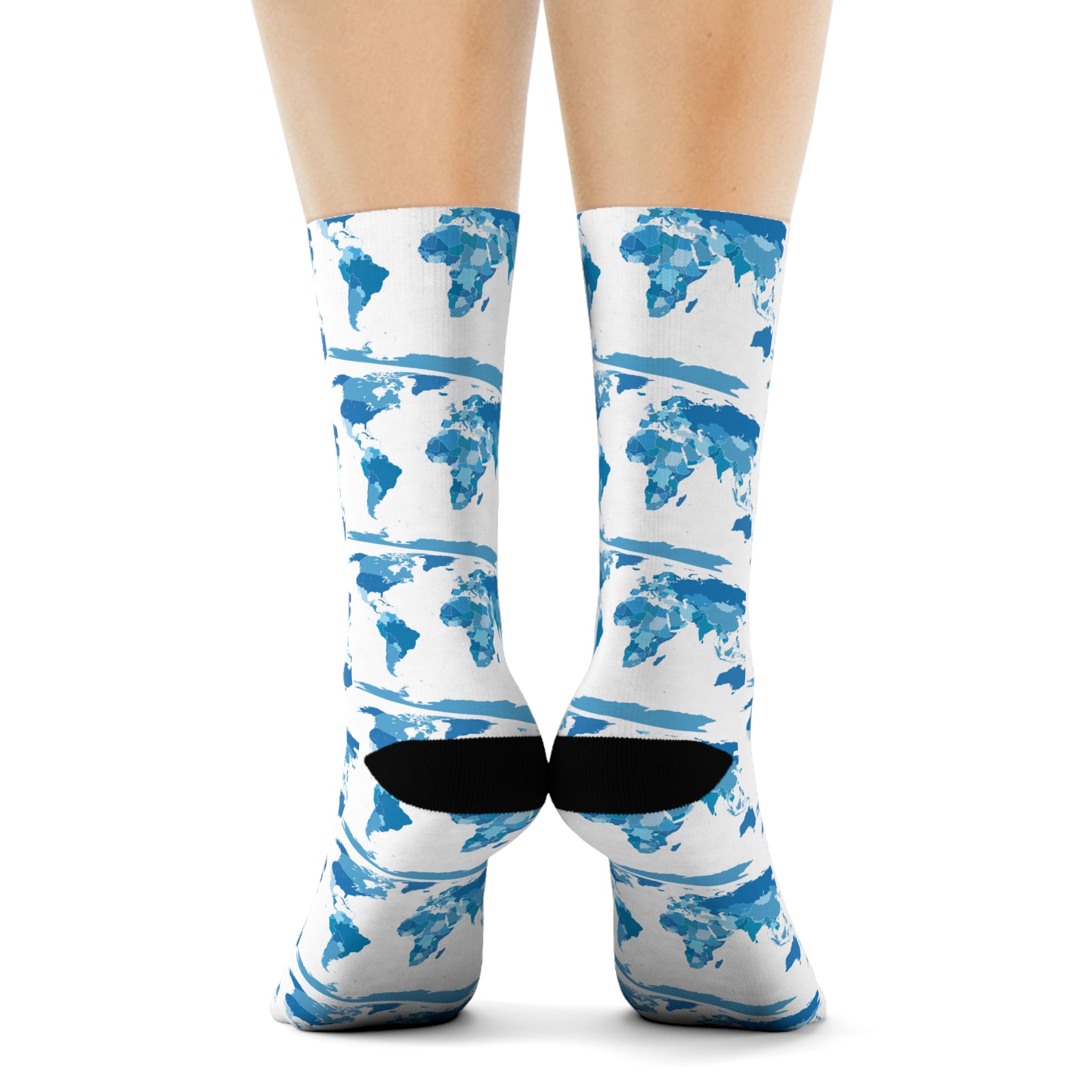 Blue Watercolor World Map Crew Socks | Travel Map Pattern