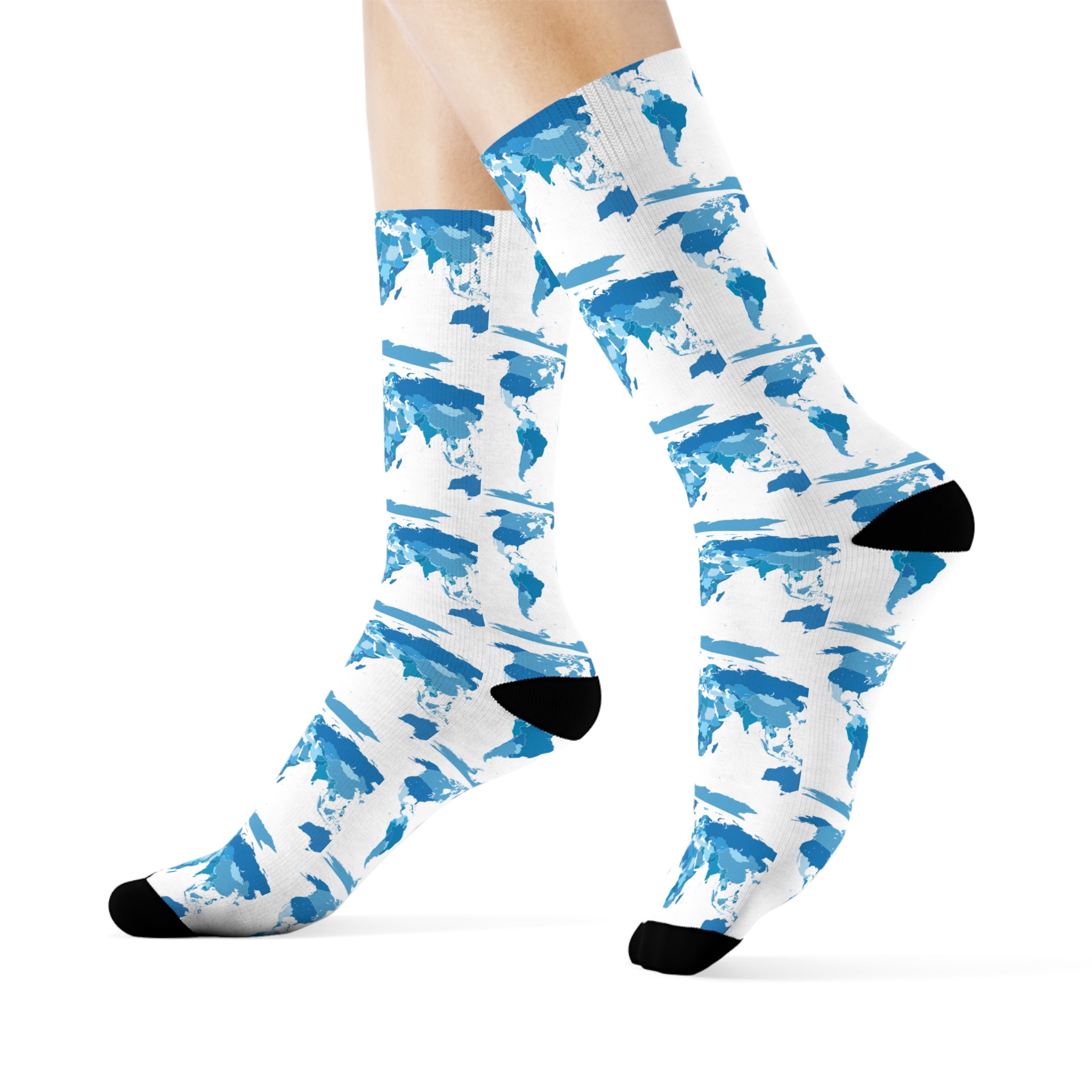 Blue Watercolor World Map Crew Socks | Travel Map Pattern