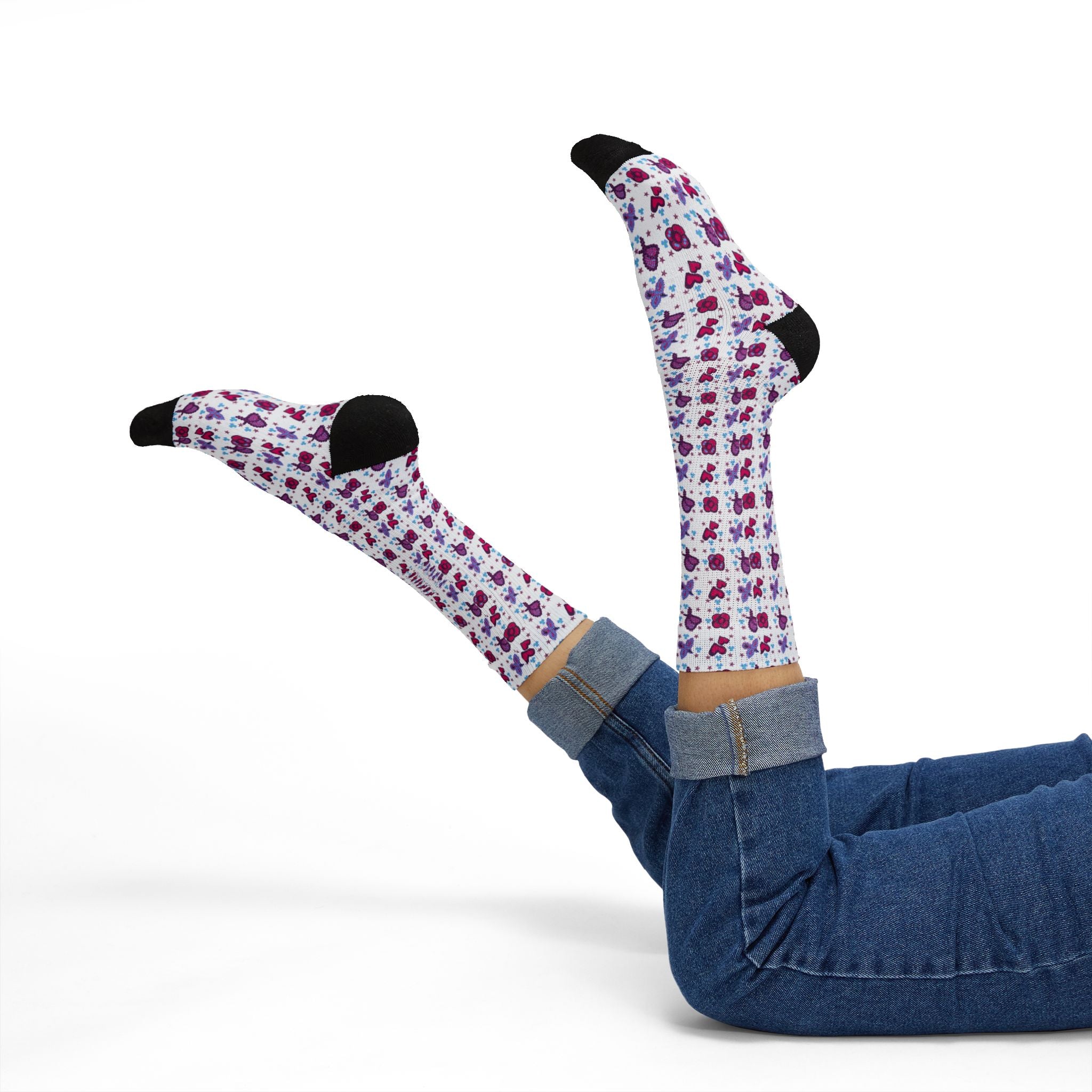Purple Pink Beaded Flower Hearts Pattern Socks | Sublimation Crew Socks