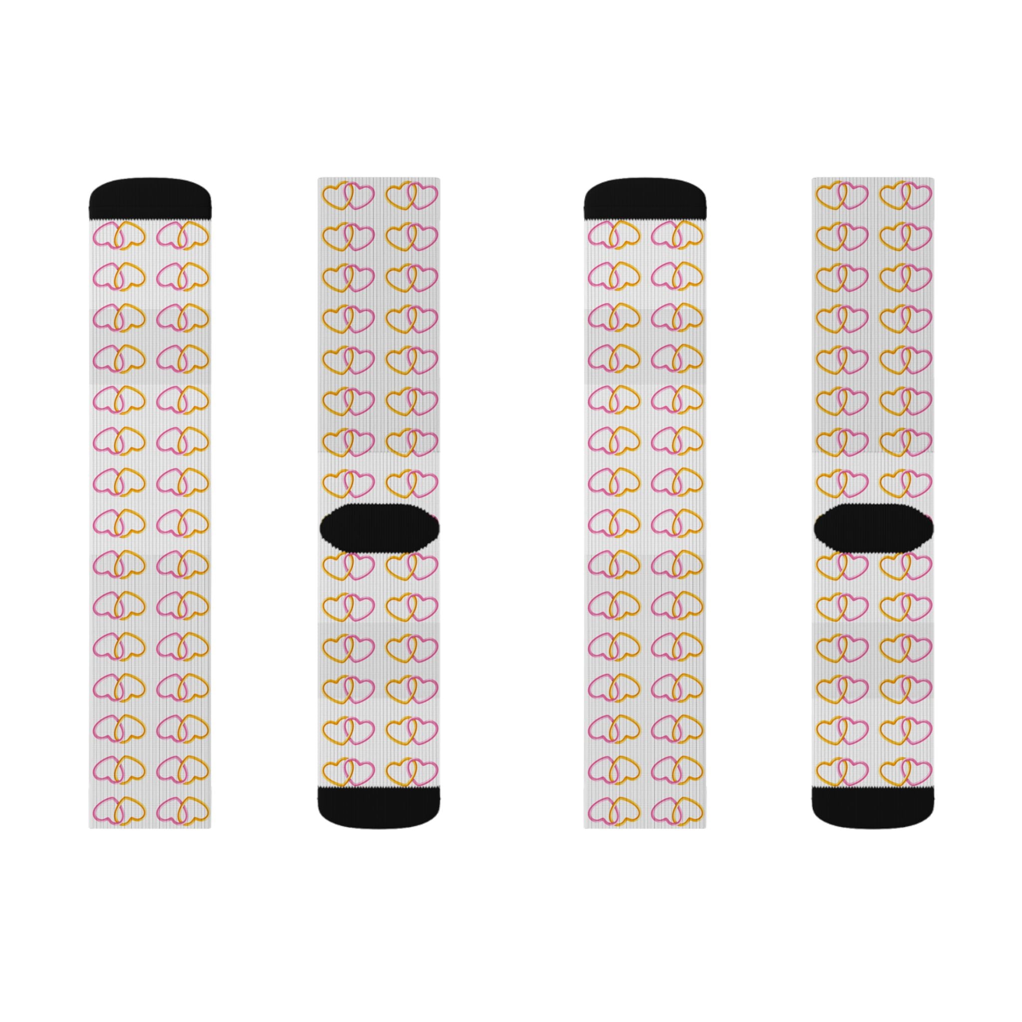 Heart Link Pink & Yellow Pattern Socks | Heart Link Print Crew Socks
