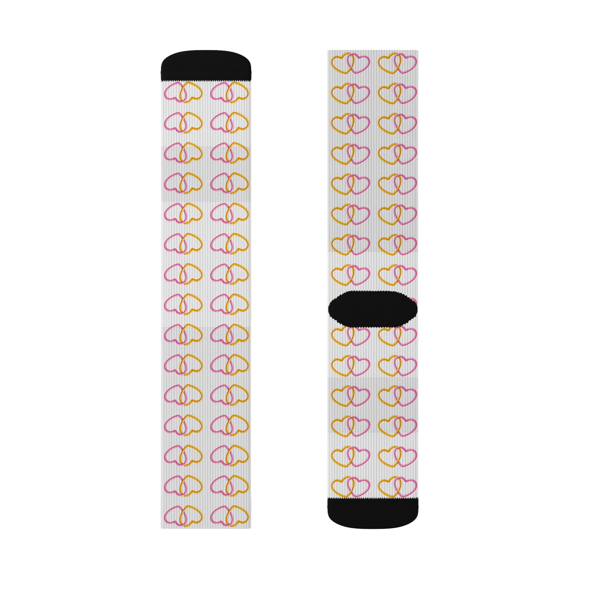 Heart Link Pink & Yellow Pattern Socks | Heart Link Print Crew Socks