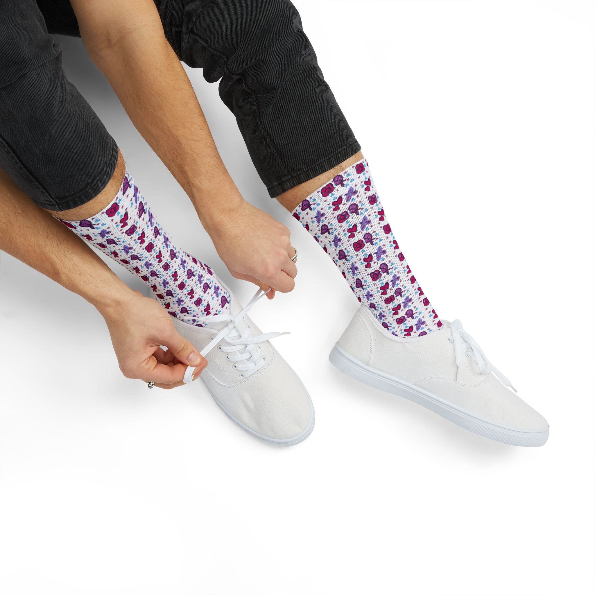 Purple Pink Beaded Flower Hearts Pattern Socks | Sublimation Crew Socks