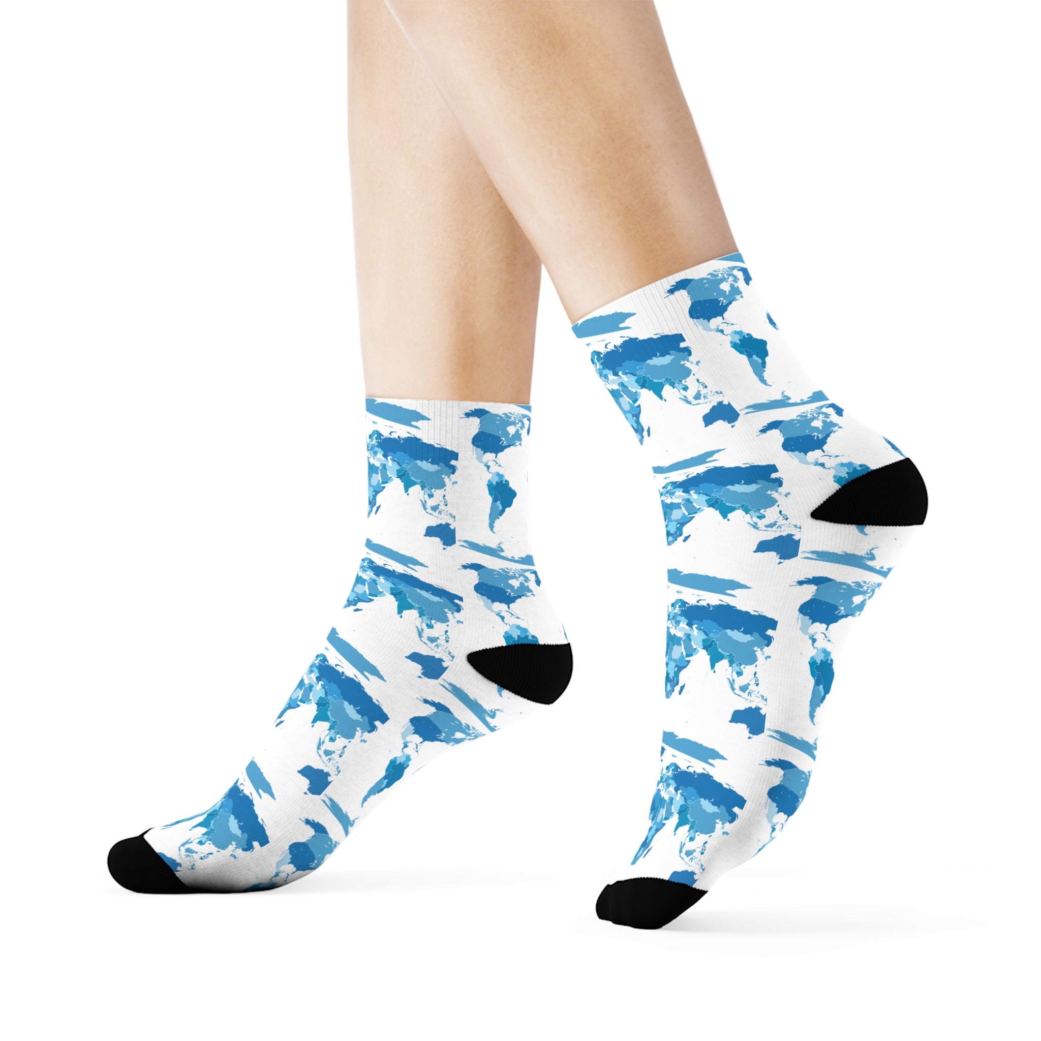 Blue Watercolor World Map Crew Socks | Travel Map Pattern